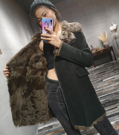 Women’s Genuine Suede Fur Lined Sheepskin Long Coat
