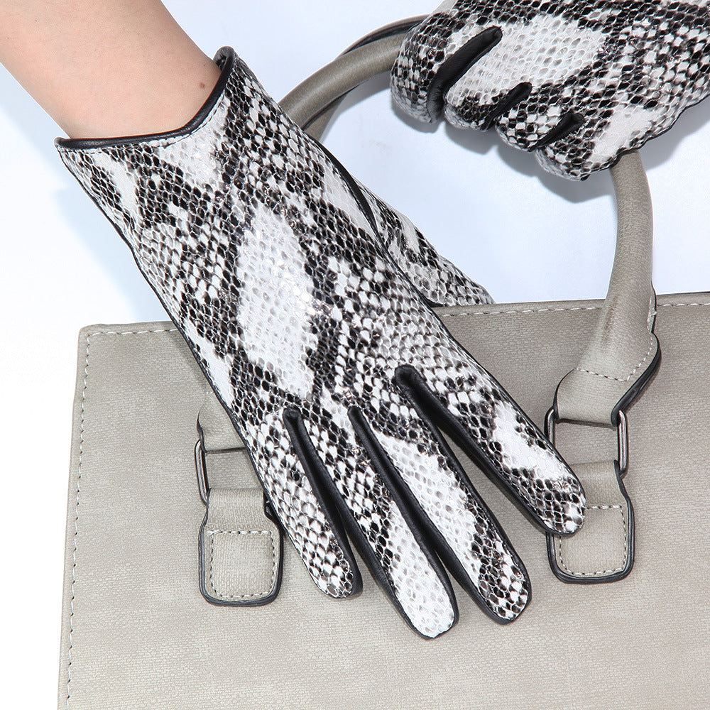 Women’s Leather Gloves Winter Lambskin Python Pattern Touchscreen