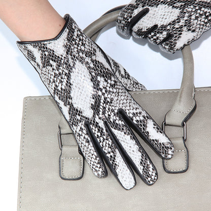 Women’s Leather Gloves Winter Lambskin Python Pattern Touchscreen