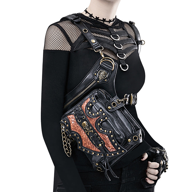Steampunk Waist Bag with Skull Studs and Adjustable Straps