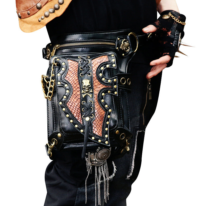 Steampunk Waist Bag with Skull Studs and Adjustable Straps