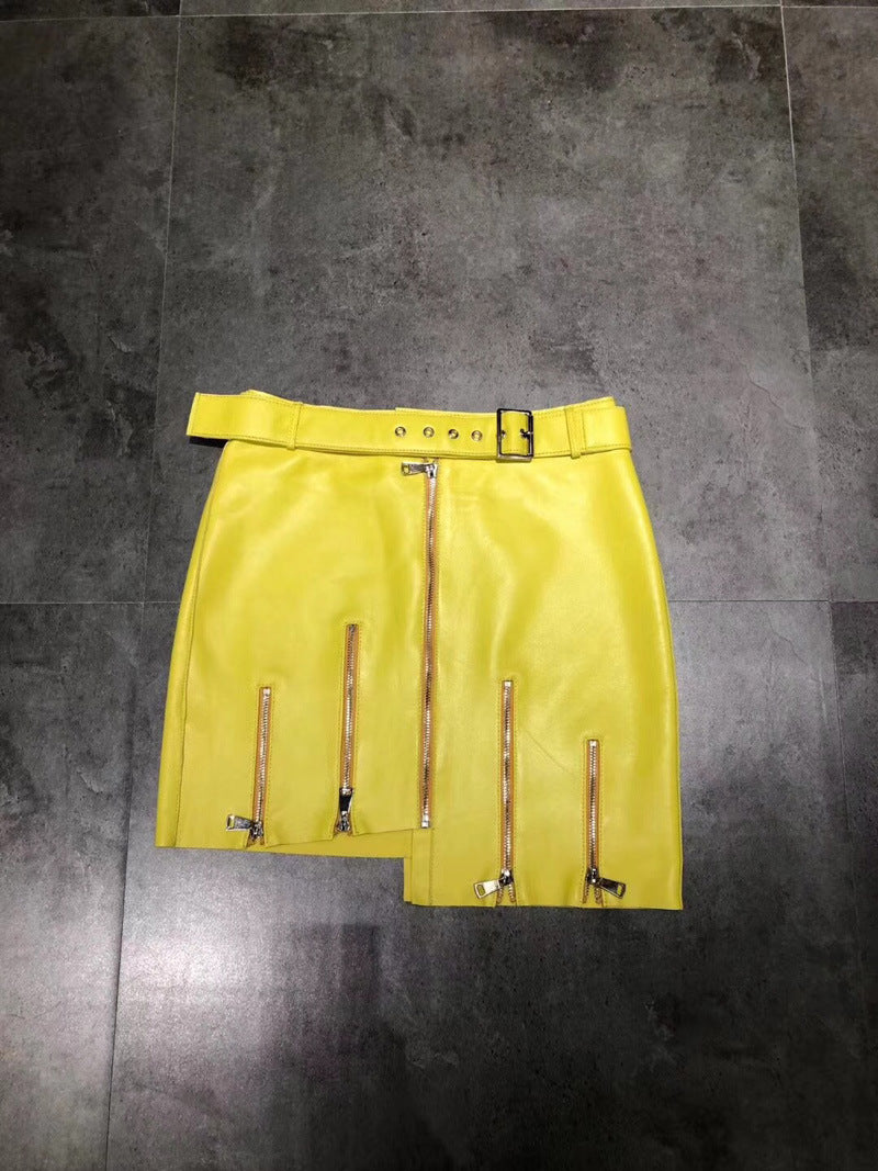 Women’s Asymmetrical Zipper Leather Mini Skirt with Belt