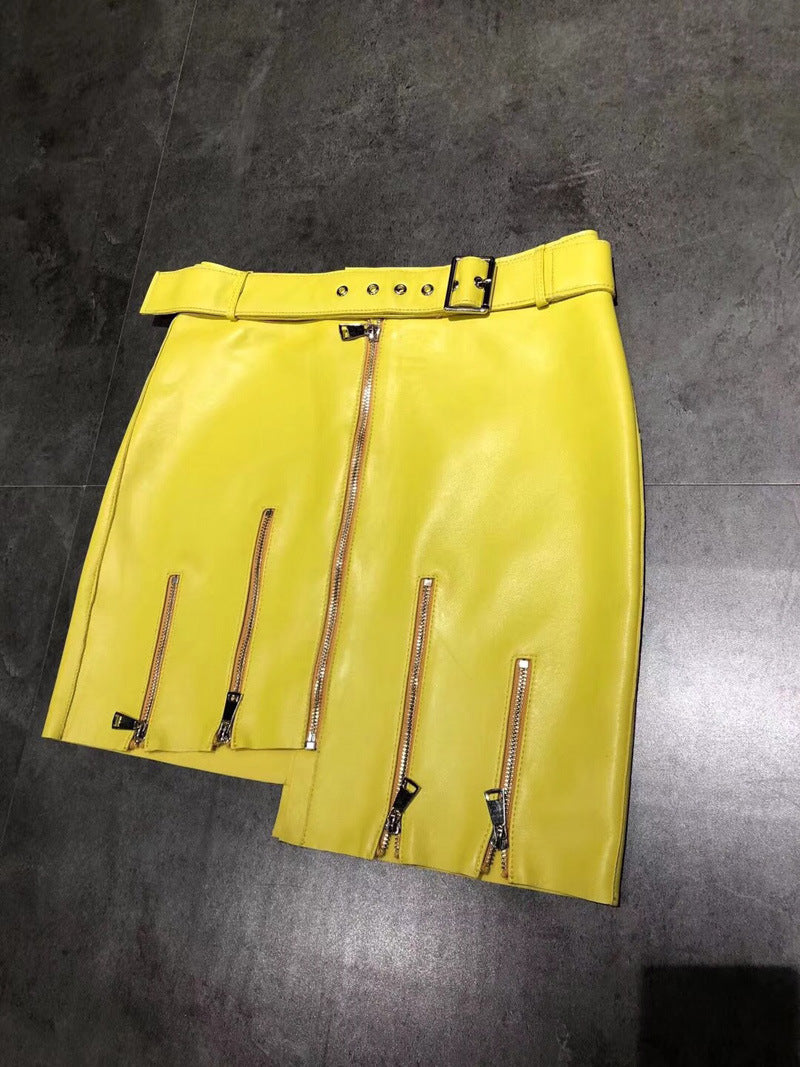 Women’s Asymmetrical Zipper Leather Mini Skirt with Belt
