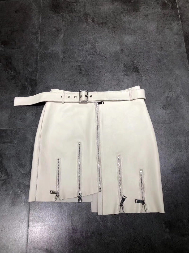 Women’s Asymmetrical Zipper Leather Mini Skirt with Belt
