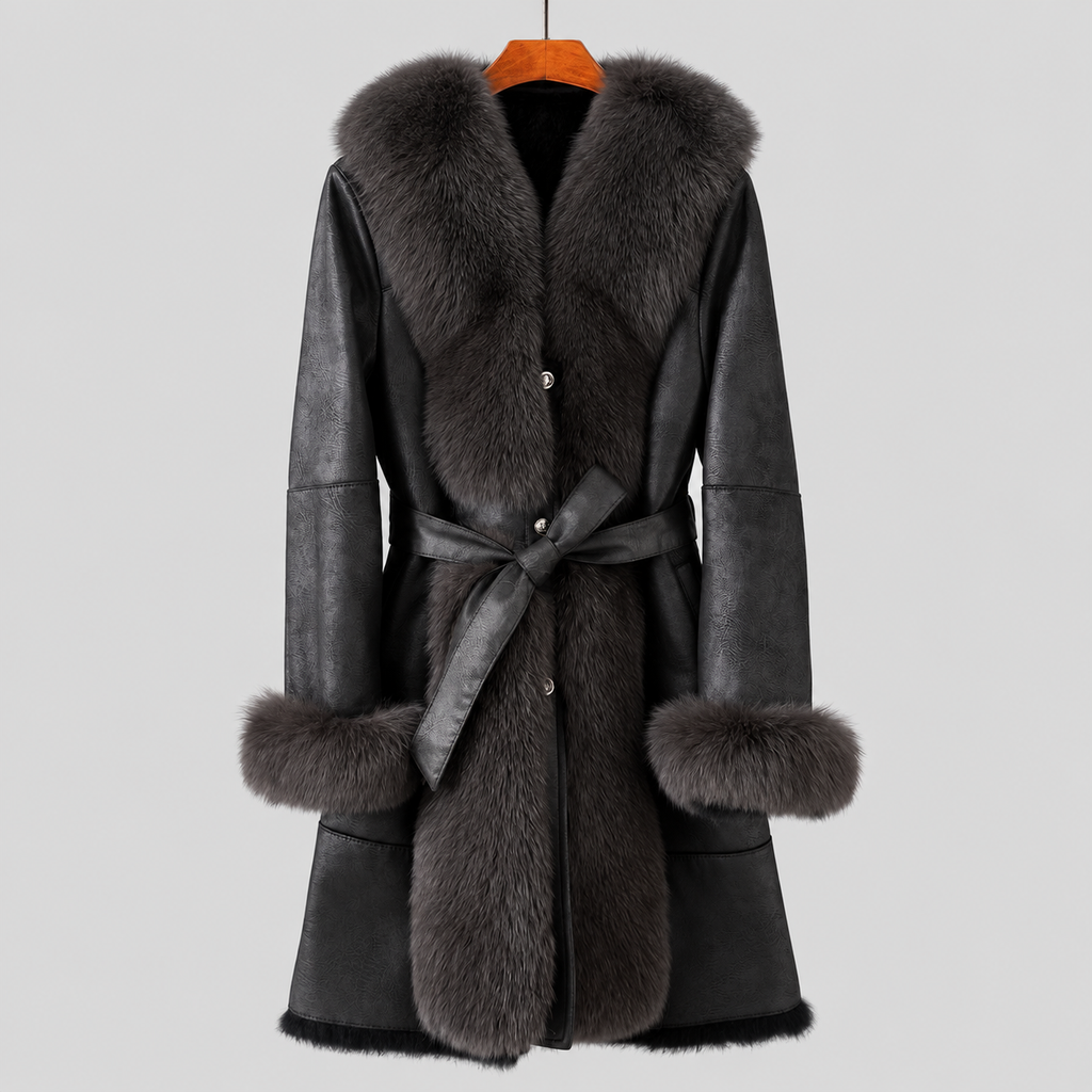 Women's Long Winter Coat Black Belted Oversized Collar Design