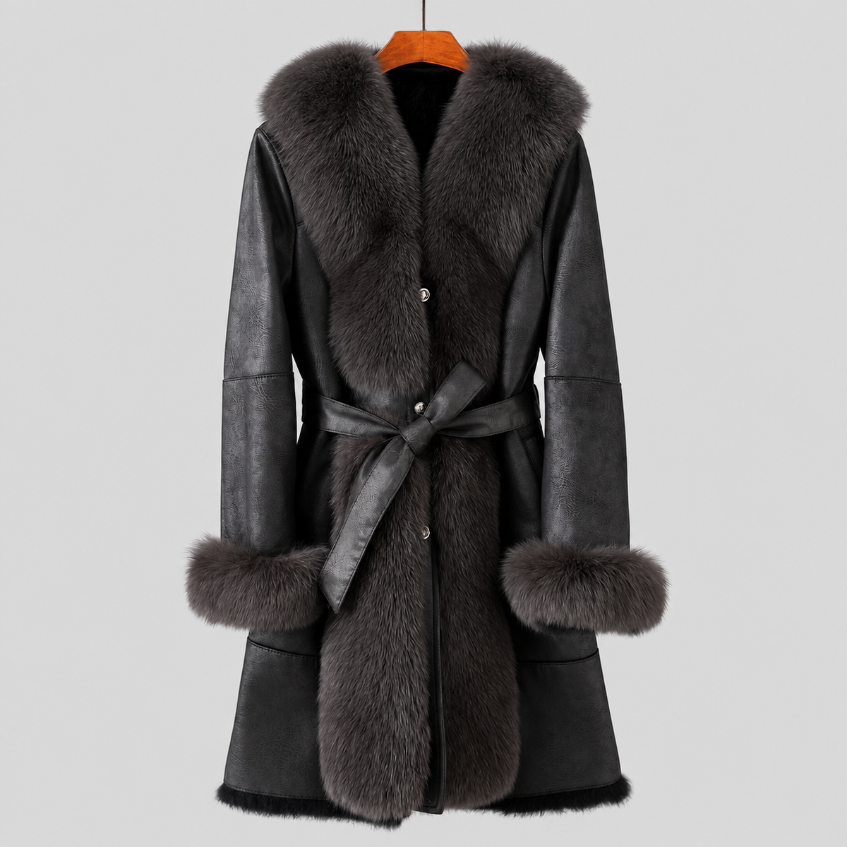 Women's Long Winter Coat Black Belted Oversized Collar Design