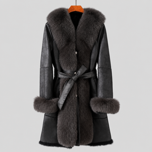 Women's Long Winter Coat Black Belted Oversized Collar Design