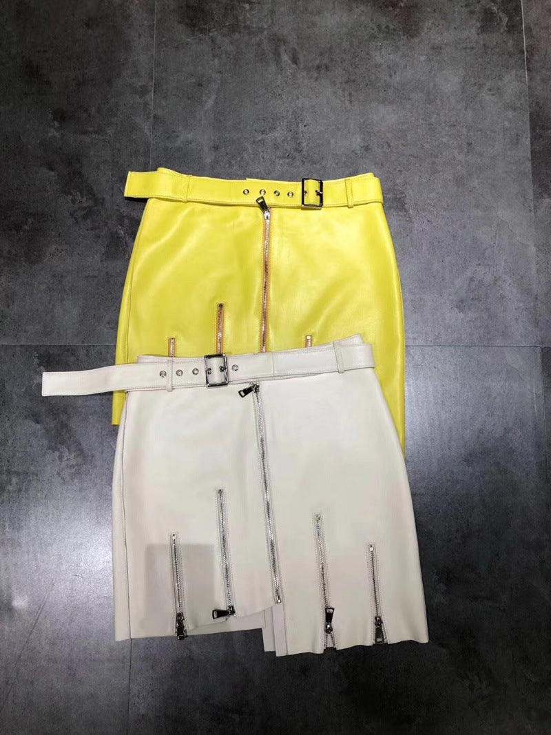 Women’s Asymmetrical Zipper Leather Mini Skirt with Belt
