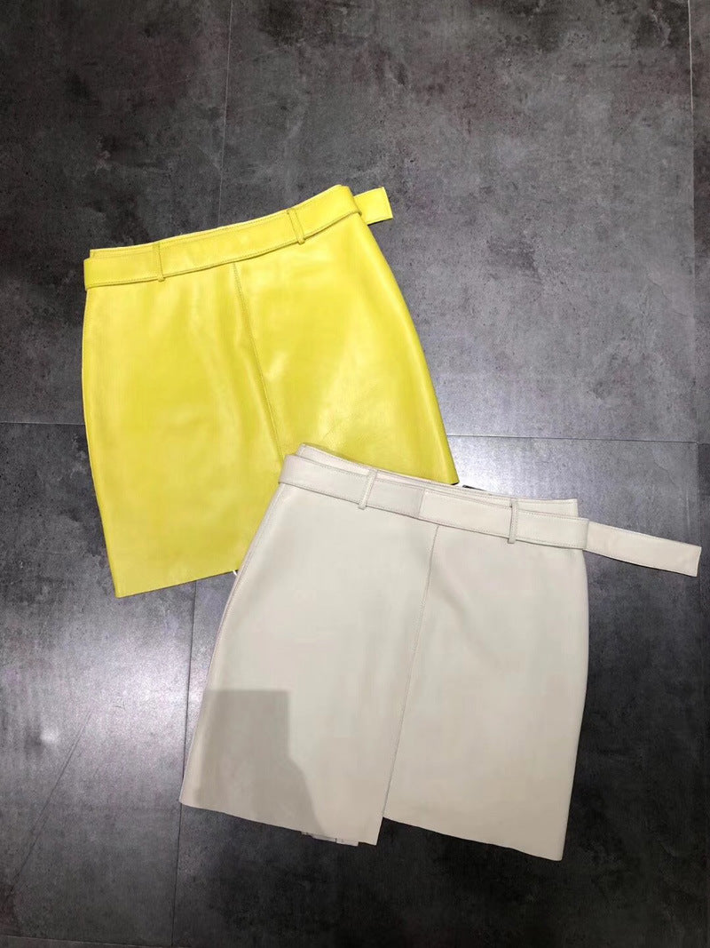 Women’s Asymmetrical Zipper Leather Mini Skirt with Belt