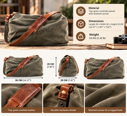 Canvas Shoulder Bag with Washed Finish and Cowhide Leather Strap