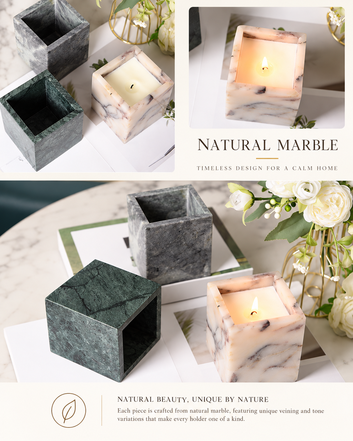 Square Marble Candle Holder with Geometric Cube Design and Stone Veining