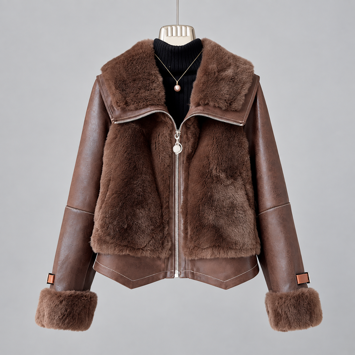 Brown Leather Jacket Women Short Winter Fur Collar Style