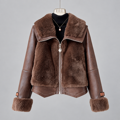 Brown Leather Jacket Women Short Winter Fur Collar Style