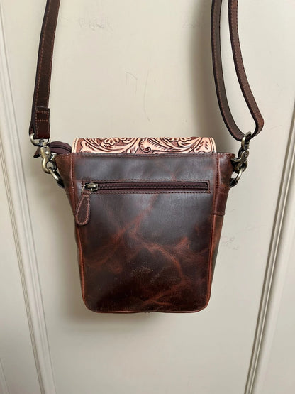 Cowhide crossbody bag with tooled leather