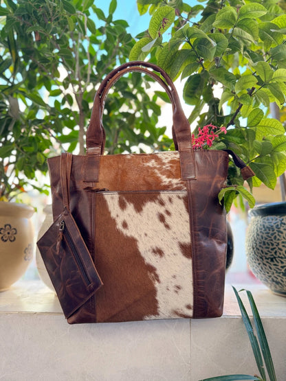 large cowhide tote bags brown white