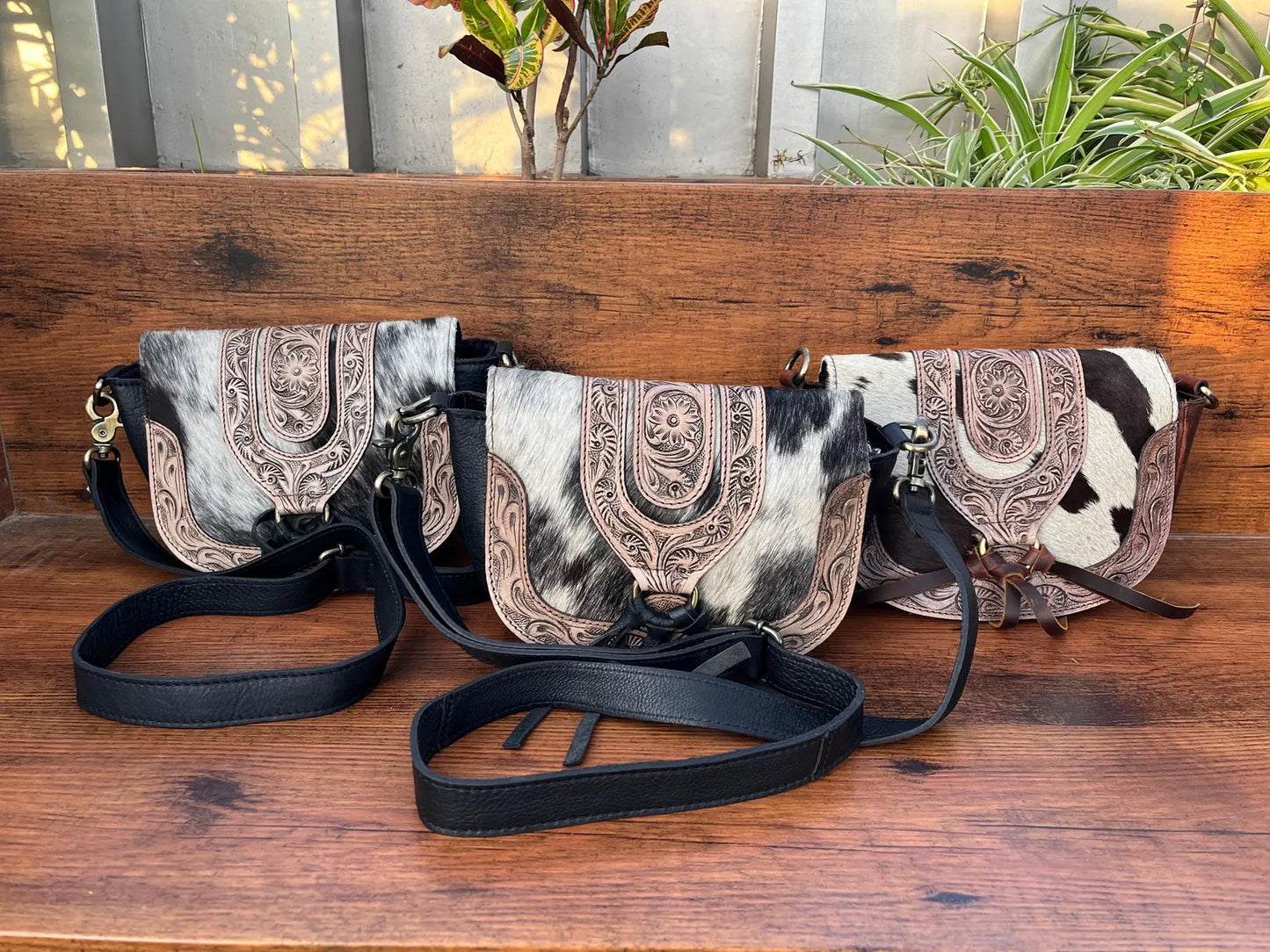 Cowhide crossbody bag tooled leather