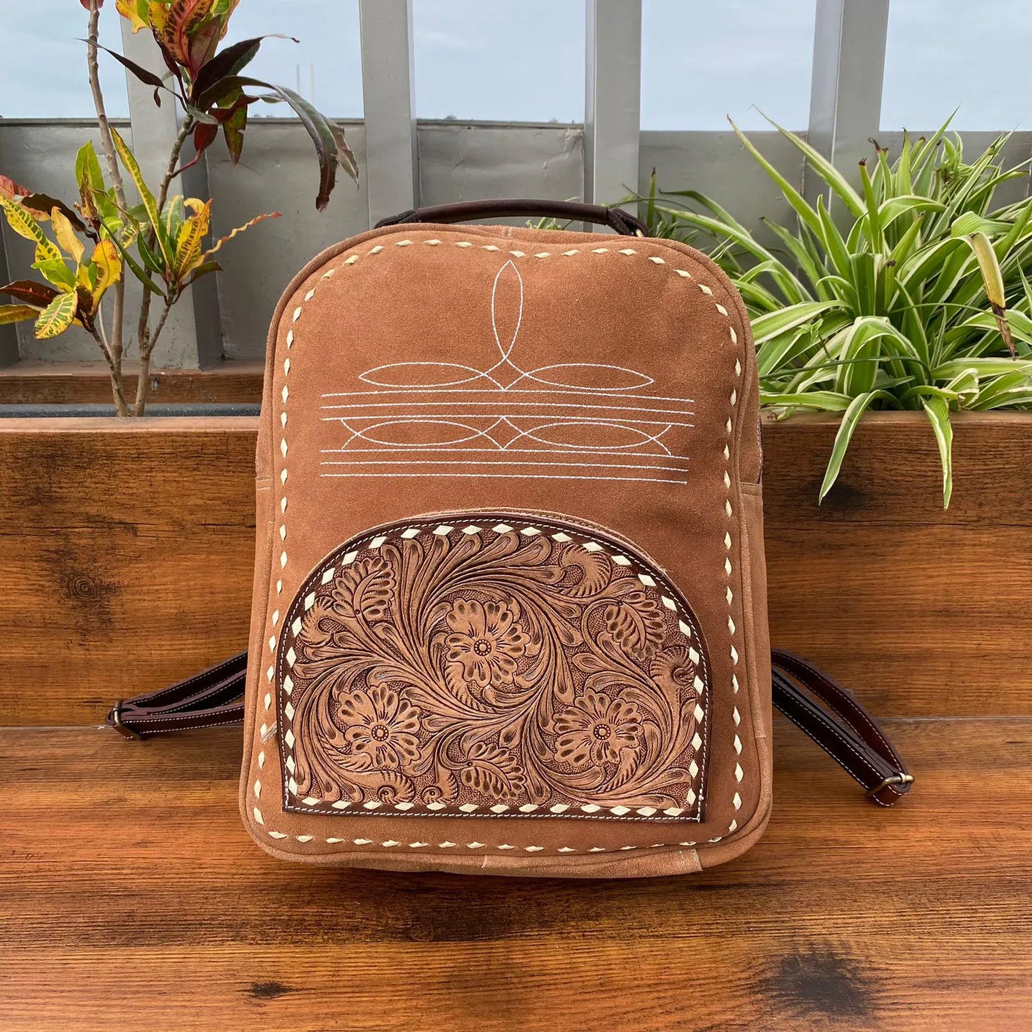 Tooled Leather Backpack Suede