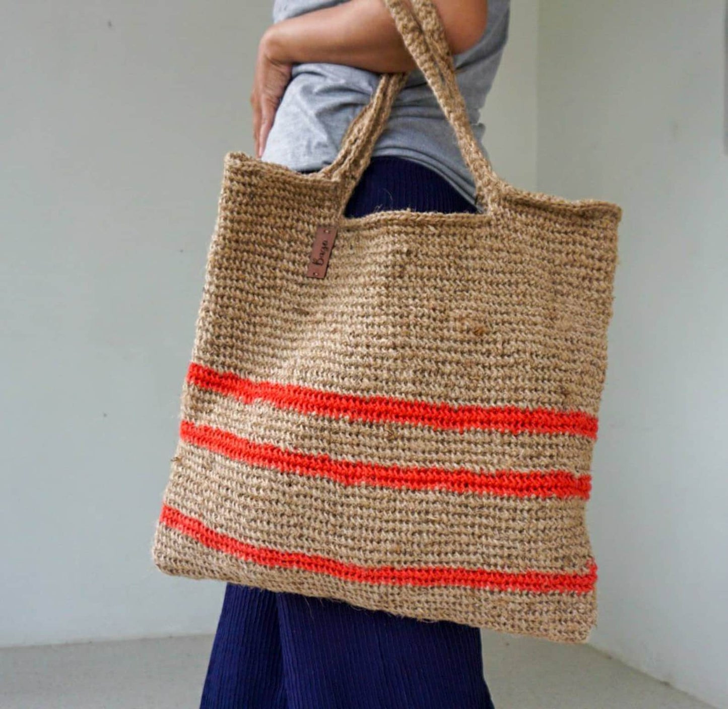 Large jute crochet shoulder bag crochet with stripe