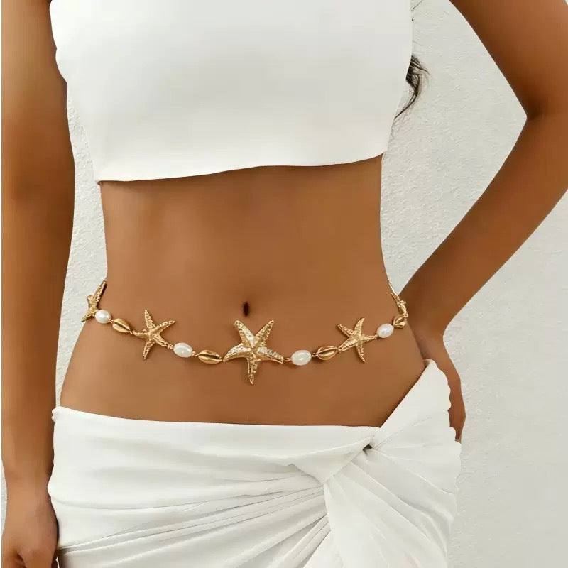 Women’s Gold Starfish Waist Chain with Turquoise Colored Beads