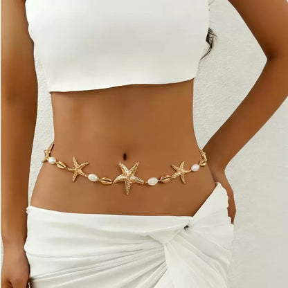 Women’s Gold Starfish Waist Chain with Turquoise Colored Beads