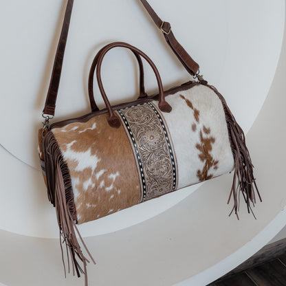 Tooled Leather Cowhide Travel Bag With Fringes