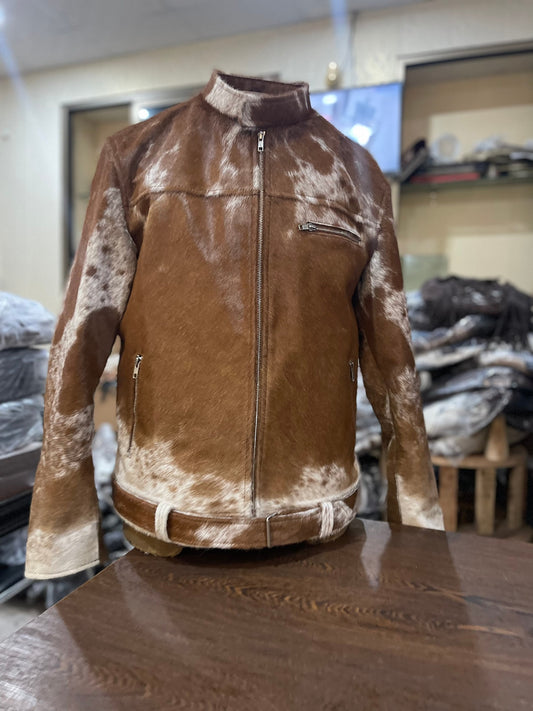 Hair On Cowhide Fur Jacket Brown White