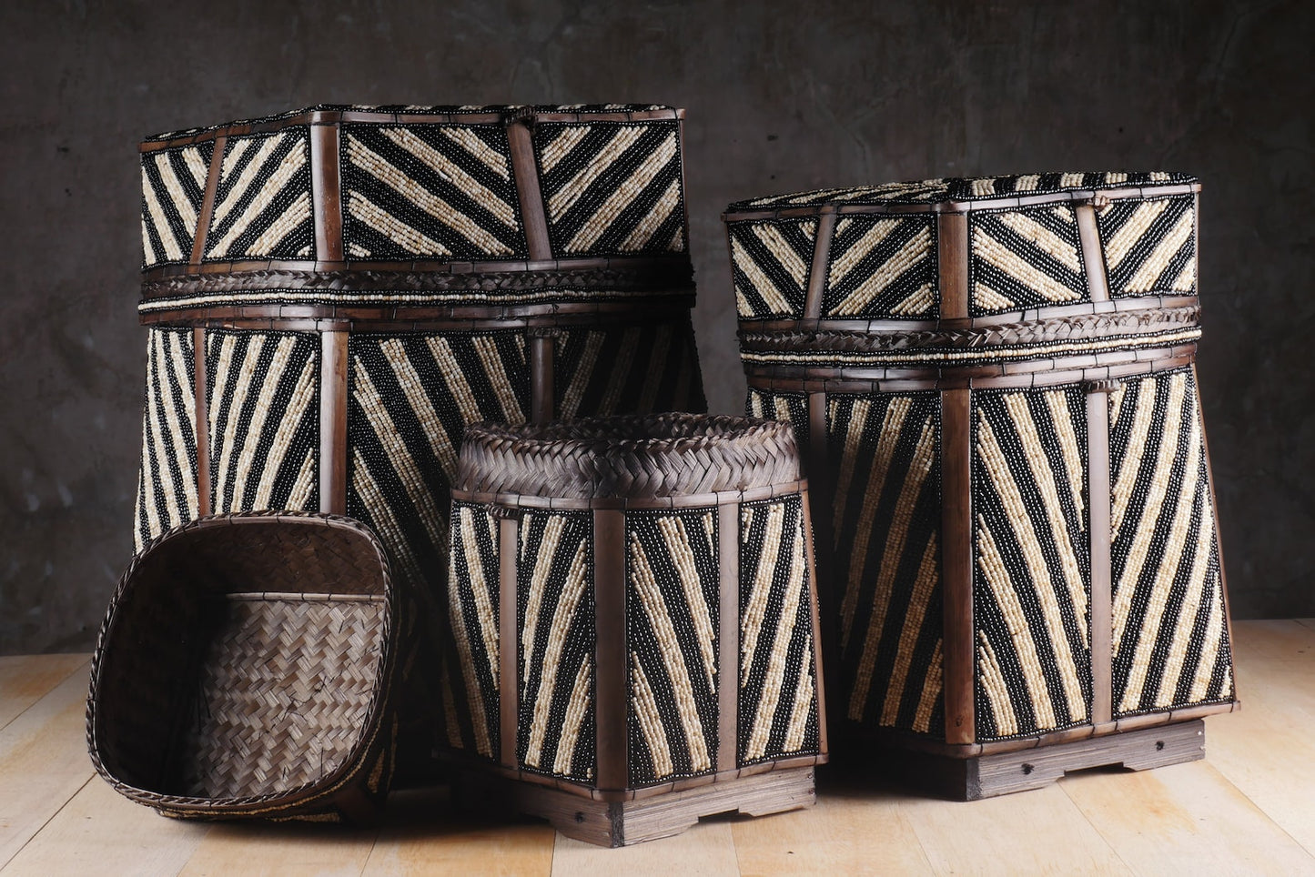 Large Decorative Woven Beaded Bamboo Basket Set