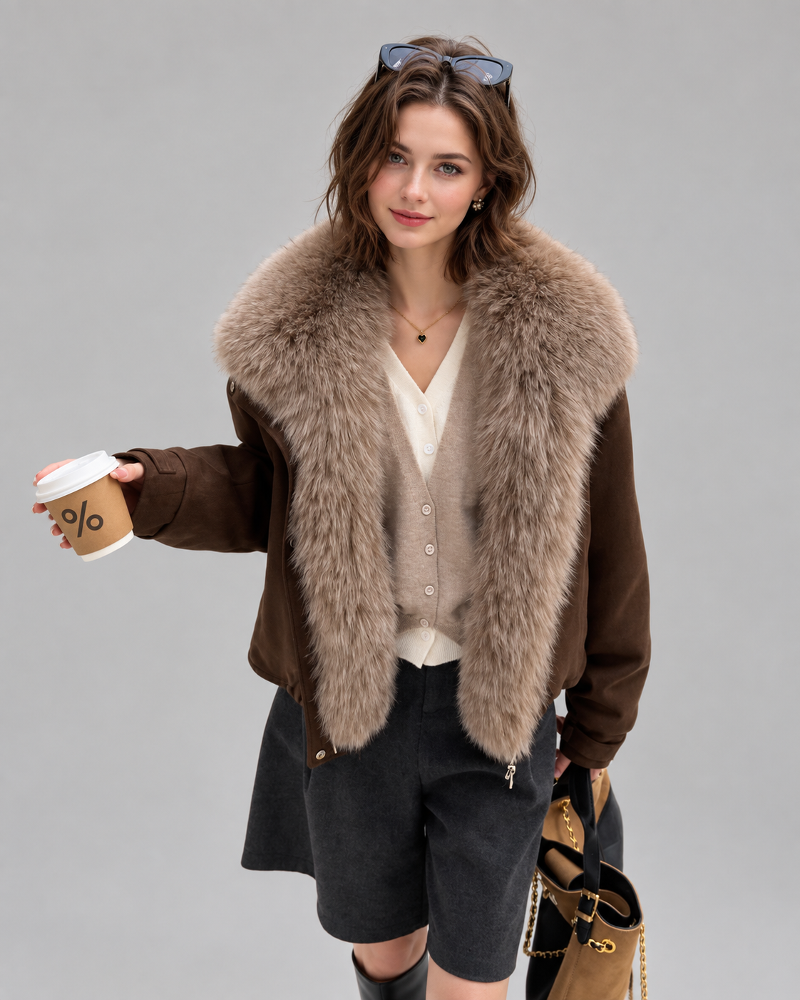 Women’s Brown Leather Jacket With Fur Collar for Winter