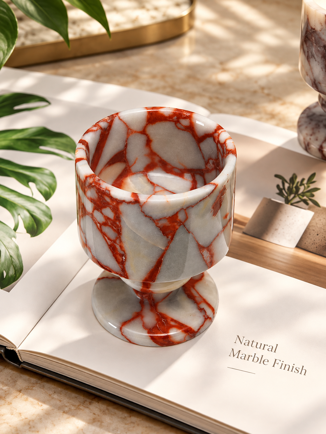 Natural Marble Goblet Candle Holder with Rounded Stem and Red Veining