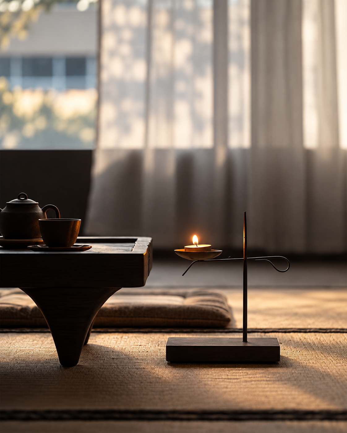 Black Wrought Iron Tea Light Candle Holder with Wooden Base