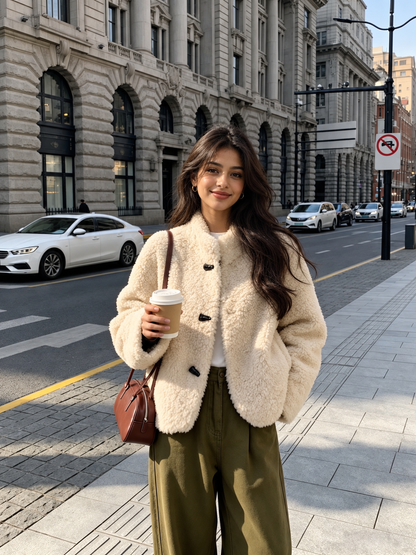 Women's Shearling Jacket with Stand Collar Short Winter Style