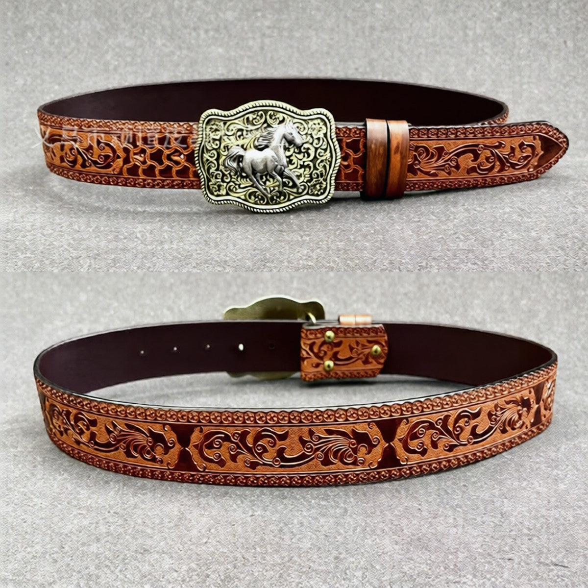 Men’s Western Cowboy Leather Belt with Horse Buckle