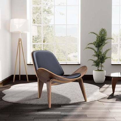 Mid century solid wood leather shell lounge chair