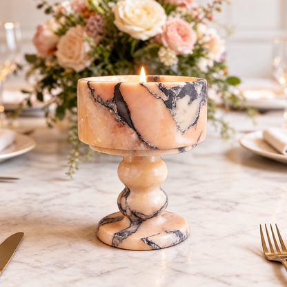 Peach Marble Pedestal Candle Holder with Rounded Stem and Dark Veining 1