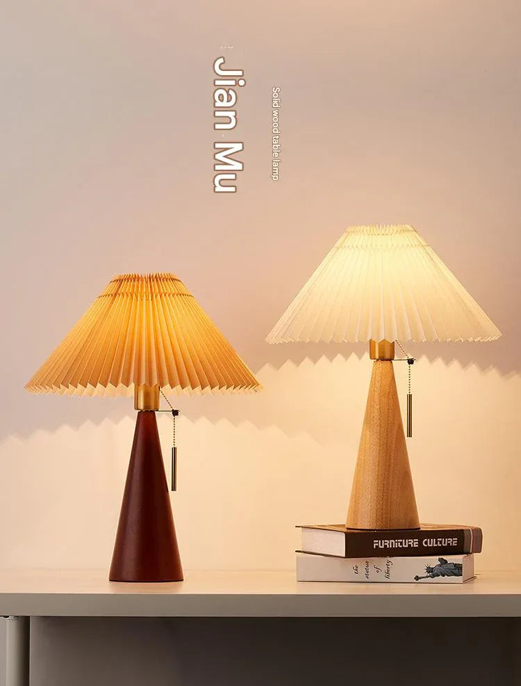 Japanese pleated wooden fabric led table lamp