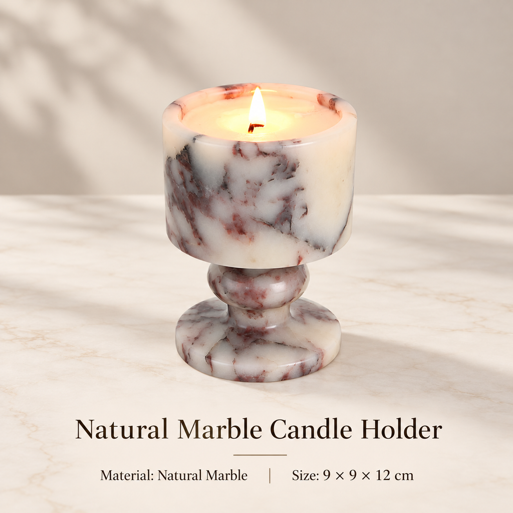 Natural Marble Goblet Candle Holder with Rounded Stem and Red Veining 1