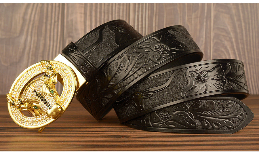 Men’s Leather Cowboy Belt with Bull Head Buckle