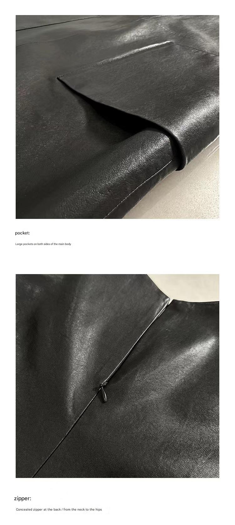 Women Black Genuine Leather Sleeveless Long Dress