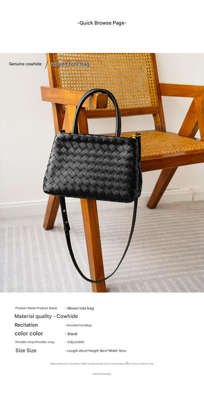 Hand Woven Real Leather Black Tote Crossbody Purse