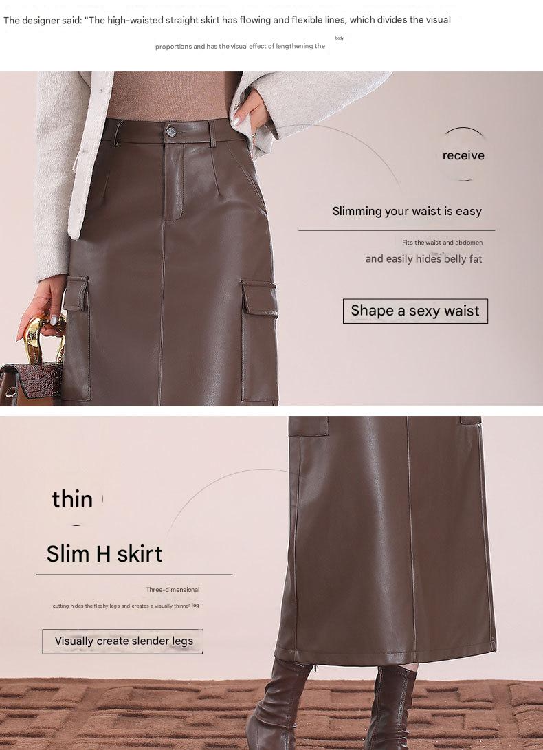Flap Pocket Split Thigh Imitation Leather Skirt