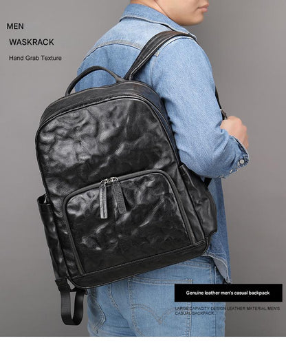 Genuine Black Leather Men’s Backpack with Trolley Sleeve