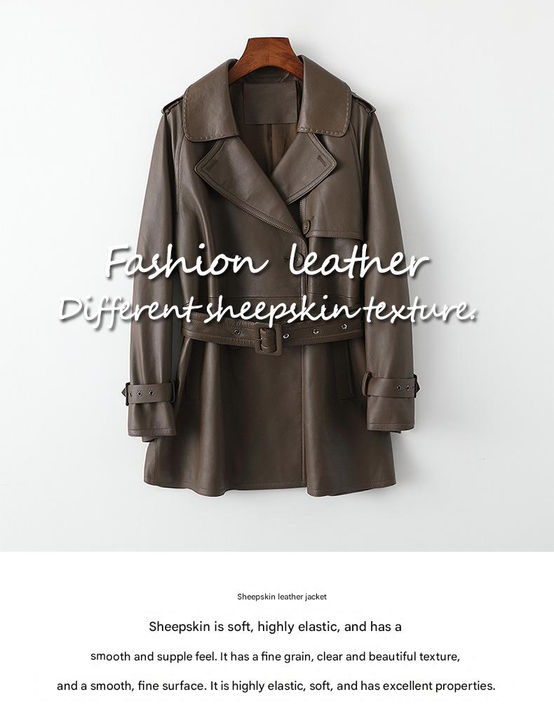 Women Leather Trench Coat Mid-Length Brown Coat