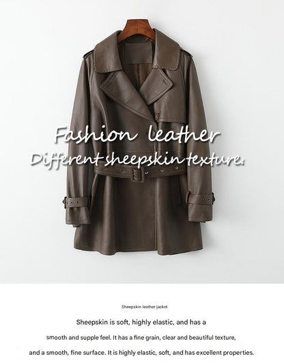 Women Leather Trench Coat Mid-Length Brown Coat