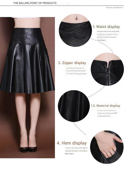 High Waist Leather Midi Skirt Black Swing A-Line Skirt