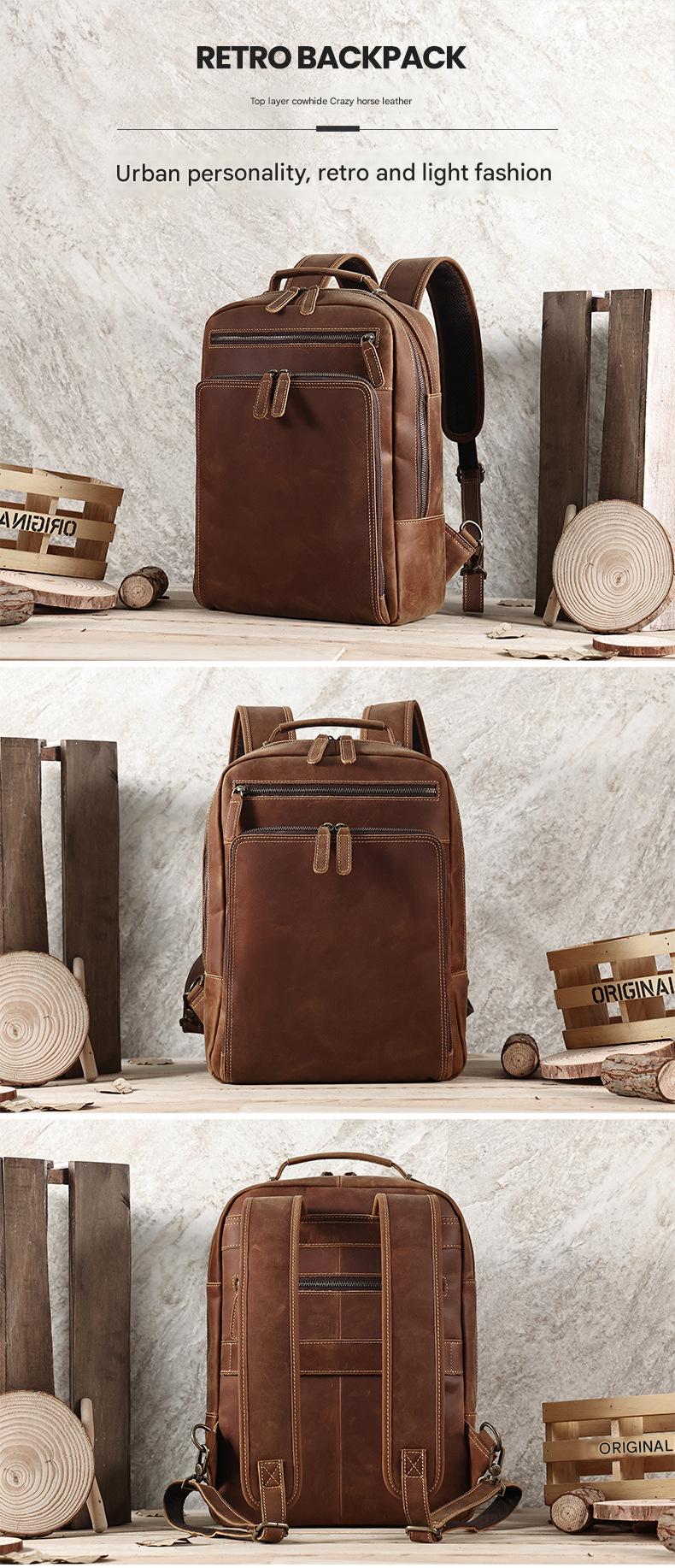 Men’s Leather Backpack with Trolley Sleeve 15.6-Inch Laptop