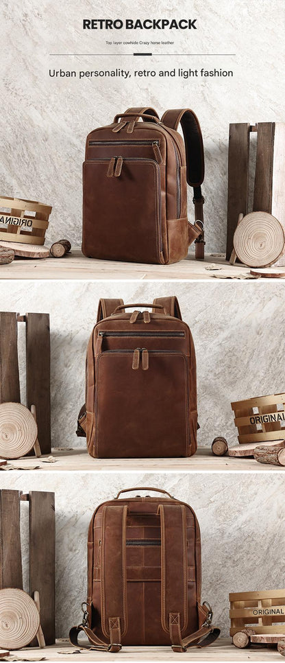 Men’s Leather Backpack with Trolley Sleeve 15.6-Inch Laptop