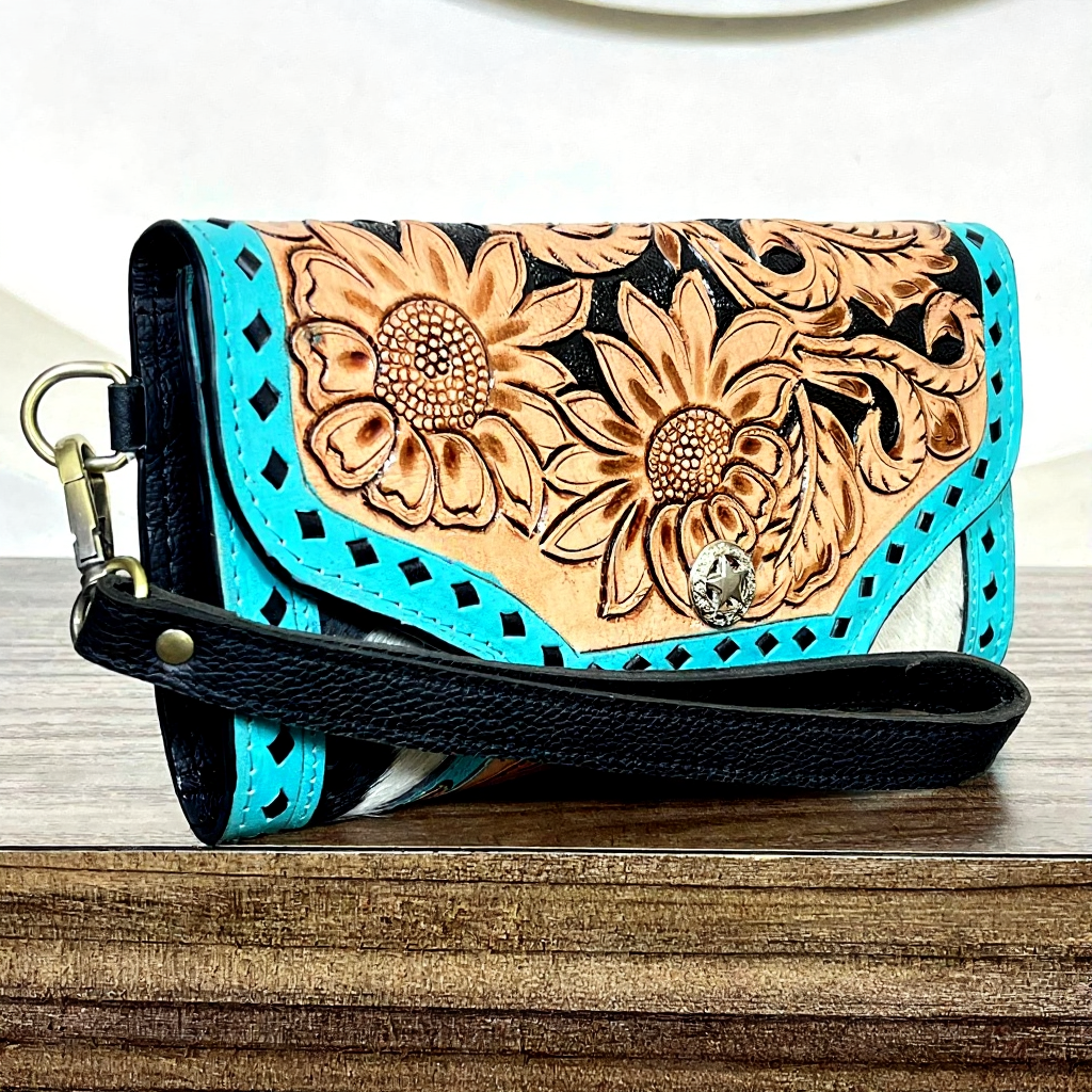 Women western tooled leather wristlet clutch