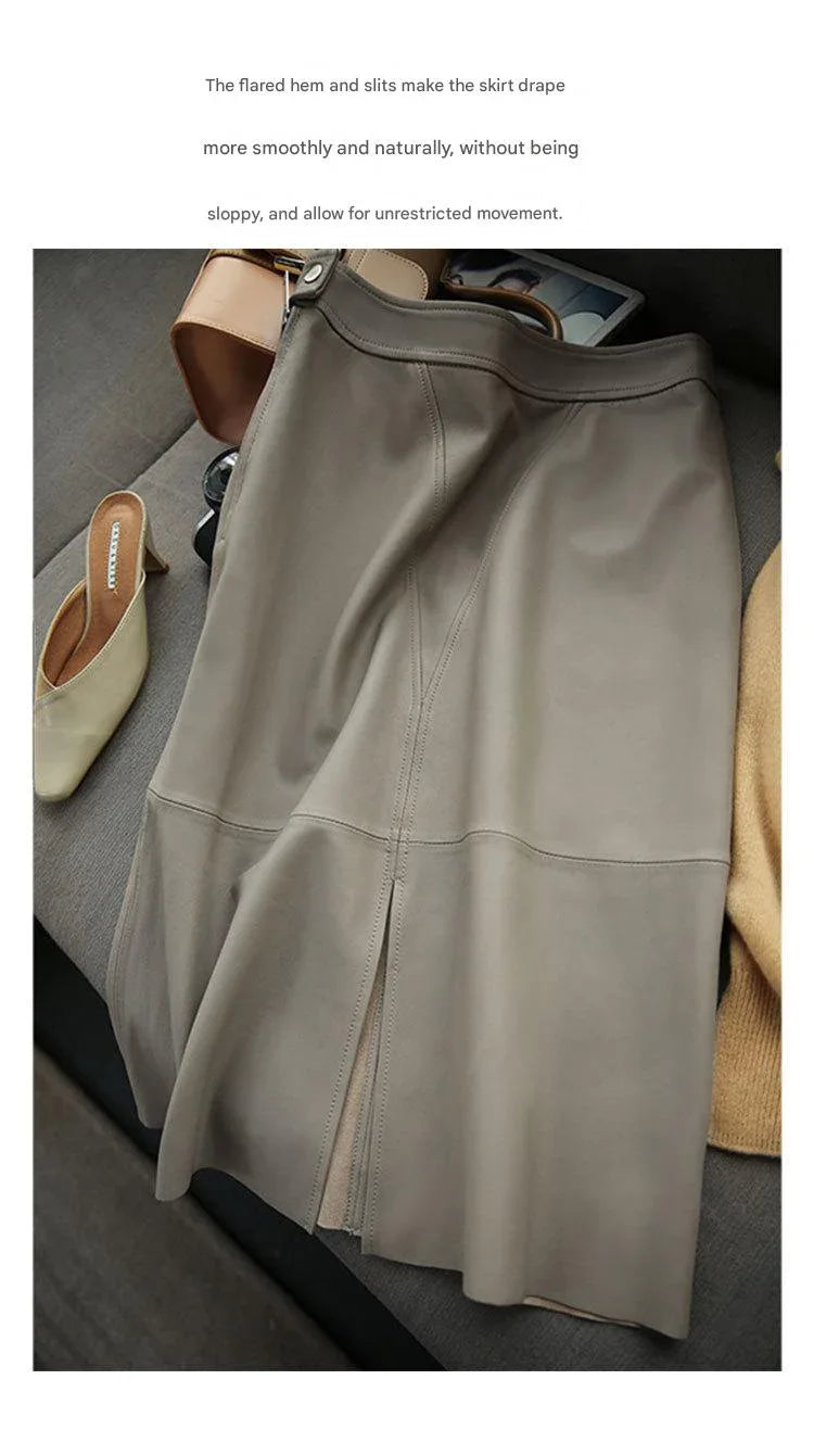 Elephant grey sheepskin midi leather skirt