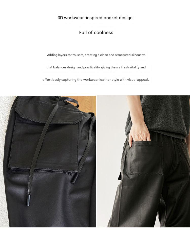 Women Genuine Leather High Waisted Cargo Pants