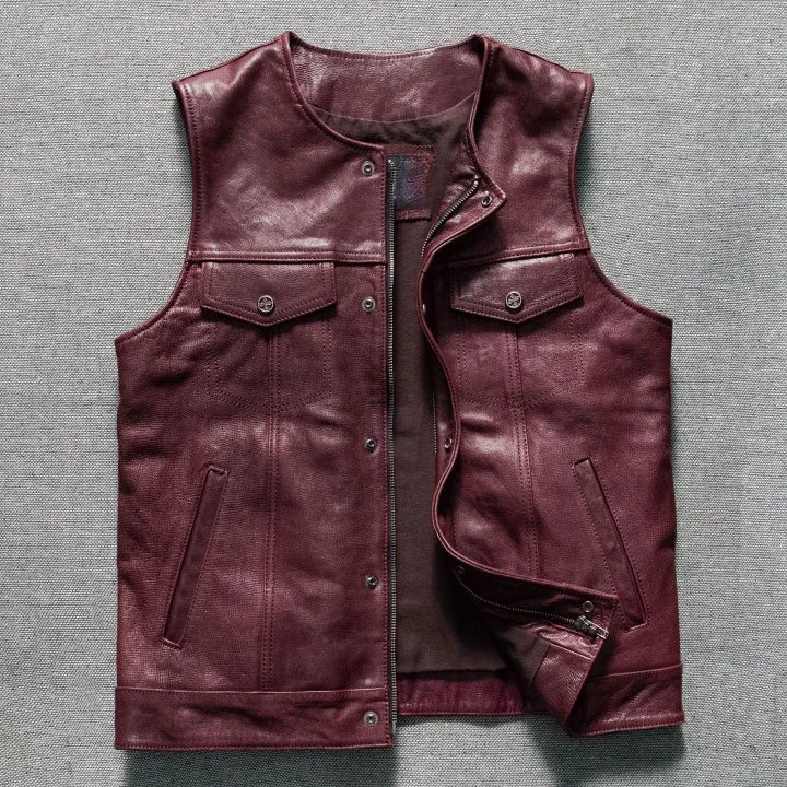 Men's washed vintage leather motorcycle vest